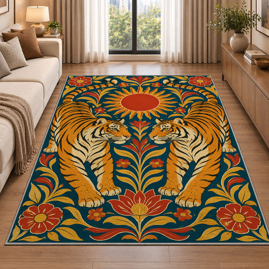Twin Tigers Folk Art tiger rug in a living room beside a sofa