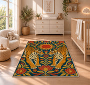 Twin Tigers Folk Art tiger rug in a nursery beside a crib