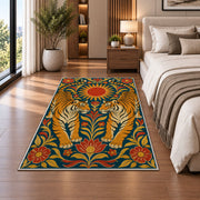Twin Tigers Folk Art tiger rug in a bedroom beside the bed
