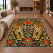 Twin Tigers Folk Art tiger rug in a living room with a fireplace