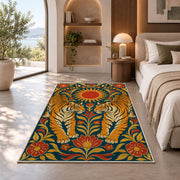 Twin Tigers Folk Art tiger rug in a bedroom with an arched window