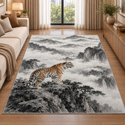 Ink Wash Tiger on Mountain tiger rug in a living room beside a sofa
