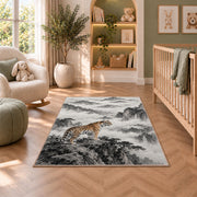Ink Wash Tiger on Mountain tiger rug in a nursery with a crib and armchair