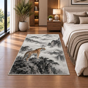 Ink Wash Tiger on Mountain tiger rug in a bedroom beside the bed