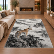 Ink Wash Tiger on Mountain tiger rug in a living room with a fireplace