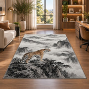 Ink Wash Tiger on Mountain tiger rug in a home office beside a desk