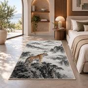 Ink Wash Tiger on Mountain tiger rug in a bedroom with an arched window