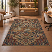 Persian Style Tiger tiger rug in a study with an armchair and bookshelves