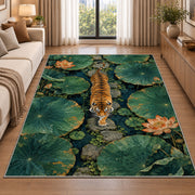Tiger Crossing Lotus Pond tiger rug in a living room beside a sofa
