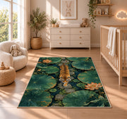 Tiger Crossing Lotus Pond tiger rug in a nursery beside a crib