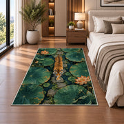 Tiger Crossing Lotus Pond tiger rug in a bedroom beside the bed