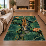 Tiger Crossing Lotus Pond tiger rug in a living room with a fireplace