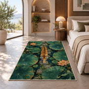 Tiger Crossing Lotus Pond tiger rug in a bedroom with an arched window