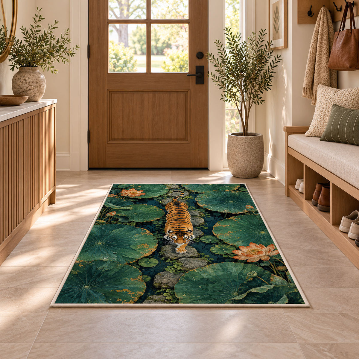 Tiger Crossing Lotus Pond tiger rug in an entryway