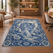 Blue and White Porcelain Tiger tiger rug in a study with an armchair and bookshelves