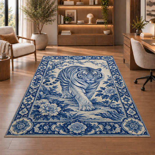 Blue and White Porcelain Tiger tiger rug in a study with an armchair and bookshelves