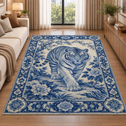 Blue and White Porcelain Tiger tiger rug in a living room beside a sofa