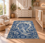 Blue and White Porcelain Tiger tiger rug in a nursery beside a crib