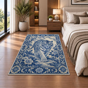 Blue and White Porcelain Tiger tiger rug in a bedroom beside the bed