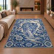 Blue and White Porcelain Tiger tiger rug in a living room with a fireplace