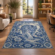 Blue and White Porcelain Tiger tiger rug in a home office beside a desk