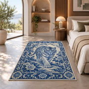Blue and White Porcelain Tiger tiger rug in a bedroom with an arched window