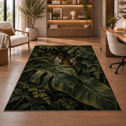 Tiger Eyes in Monstera Leaves tiger rug in a study with an armchair and bookshelves