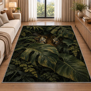 Tiger Eyes in Monstera Leaves tiger rug in a living room beside a sofa