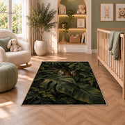 Tiger Eyes in Monstera Leaves tiger rug in a nursery with a crib and armchair