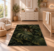 Tiger Eyes in Monstera Leaves tiger rug in a nursery beside a crib