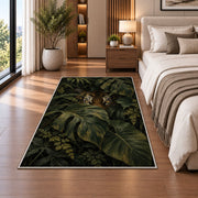Tiger Eyes in Monstera Leaves tiger rug in a bedroom beside the bed