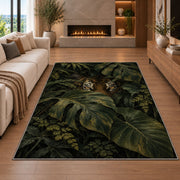 Tiger Eyes in Monstera Leaves tiger rug in a living room with a fireplace
