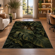 Tiger Eyes in Monstera Leaves tiger rug in a home office beside a desk