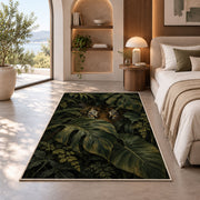 Tiger Eyes in Monstera Leaves tiger rug in a bedroom with an arched window