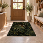 Tiger Eyes in Monstera Leaves tiger rug in an entryway