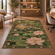 Tiger and Pink Lotus tiger rug in a study with an armchair and bookshelves