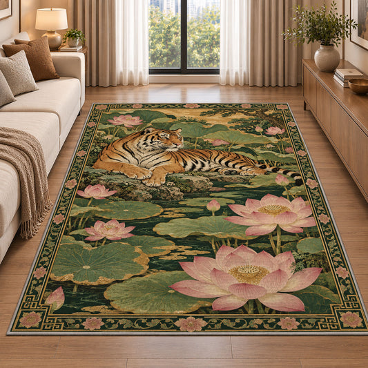 Tiger and Pink Lotus tiger rug in a living room beside a sofa