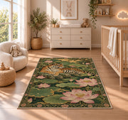 Tiger and Pink Lotus tiger rug in a nursery beside a crib