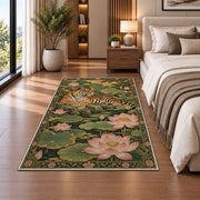 Tiger and Pink Lotus tiger rug in a bedroom beside the bed