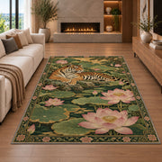 Tiger and Pink Lotus tiger rug in a living room with a fireplace