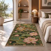 Tiger and Pink Lotus tiger rug in a bedroom with an arched window
