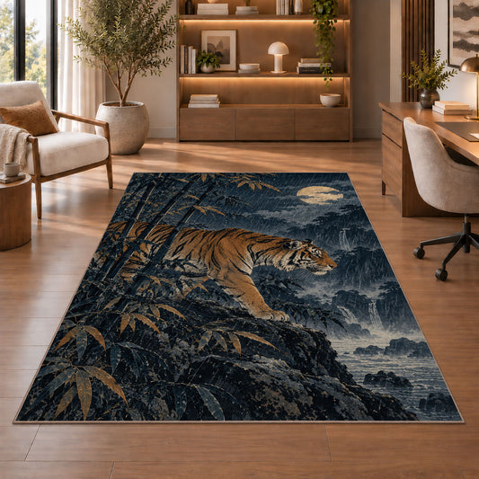 Tiger in Bamboo Moonlight tiger rug in a study with an armchair and bookshelves