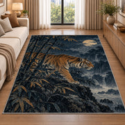 Tiger in Bamboo Moonlight tiger rug in a living room beside a sofa