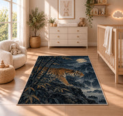 Tiger in Bamboo Moonlight tiger rug in a nursery beside a crib