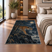 Tiger in Bamboo Moonlight tiger rug in a bedroom beside the bed