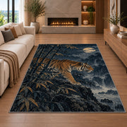 Tiger in Bamboo Moonlight tiger rug in a living room with a fireplace