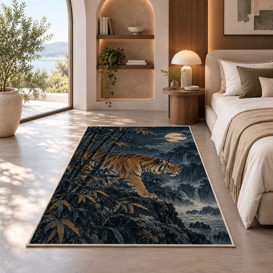 Tiger in Bamboo Moonlight tiger rug in a bedroom with an arched window