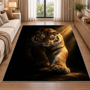 Tiger in Spotlight tiger rug in a living room beside a sofa