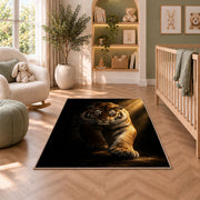 Tiger in Spotlight tiger rug in a nursery with a crib and armchair