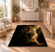 Tiger in Spotlight tiger rug in a nursery beside a crib